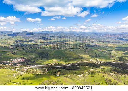 Picturesque Green Hilly Valley Near Enna City, Central Sicily, Italy. The Autostrada A19 From Catani