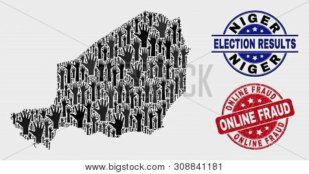 Voting Niger Map And Seal Stamps. Red Round Online Fraud Textured Seal Stamp. Black Niger Map Mosaic