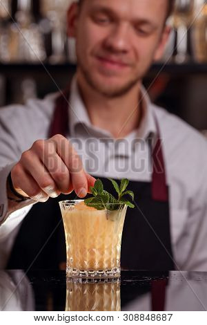Barmen Is Making Batida Cocktail Drink With Mint Making By Bartender
