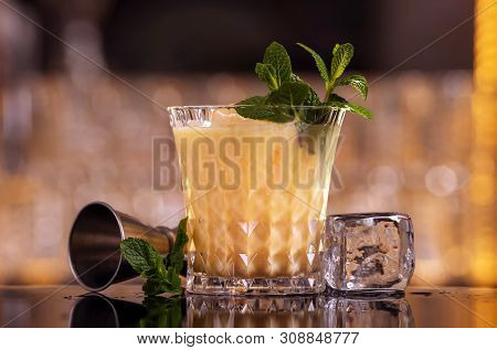 Barmen Is Making Batida Cocktail Drink With Mint Making By Bartender