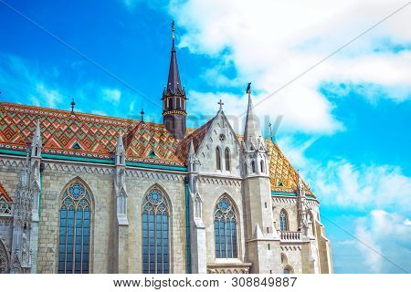 Spring Cityscape With Beautiful Saint Mathias Church Gothic Style Building With Towers, Arcade Windo
