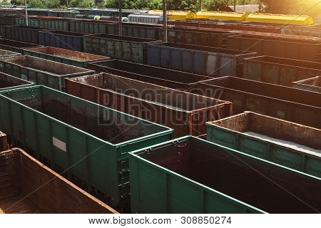 Freight Trains On City Cargo Terminal. Railways In Train Parking. Arain Arrived At The Station. Carg