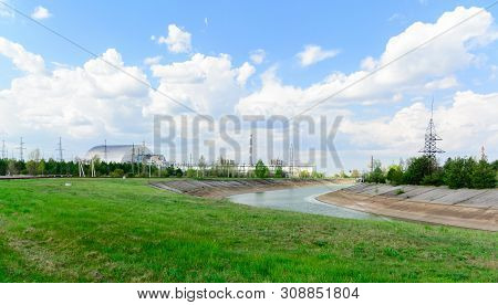 Panorama Near The Chernobyl Nuclear Power Plant. The First Second Third And Fourth Power Units. Arch