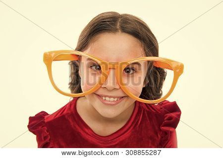 Eye Exercises To Improve Eyesight. Girl Kid Wear Big Eyeglasses. Eyesight And Health. Optics And Eye