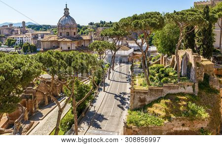 Landscape Of Rome In Summer, Italy. Scenic Panorama Of Ancient Ruins Of The Rome City. Aerial View O