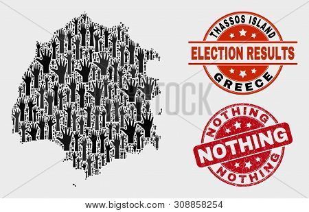 Political Thassos Island Map And Watermarks. Red Round Nothing Textured Seal Stamp. Black Thassos Is