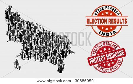 Election Uttar Pradesh State Map And Watermarks. Red Rounded Protect Medicare Grunge Stamp. Black Ut