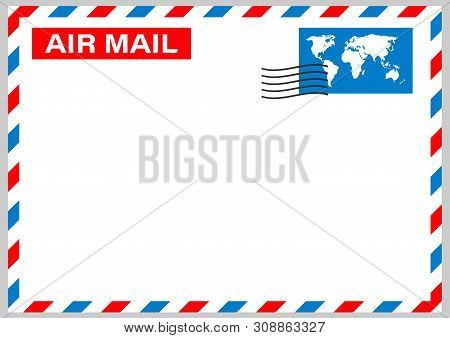 Air Mail Envelope With Postal Stamp Isolated On White Background. Vector Stock Illustration.