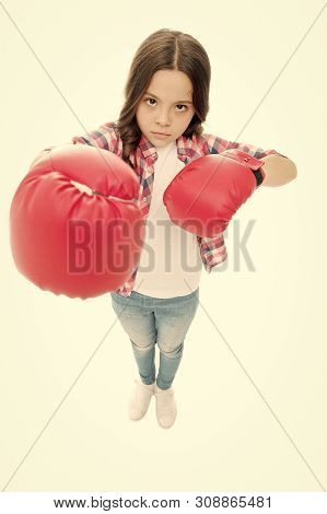 Kid Boxing Gloves Isolated White. Child Boxer Defend Herself. Sport Activity. Boxing Practice. Femin