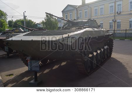 Kiev, Ukraine - May 18, 2019: Armored Vehicles Of The Ukrainian Army Damaged In The Military Conflic
