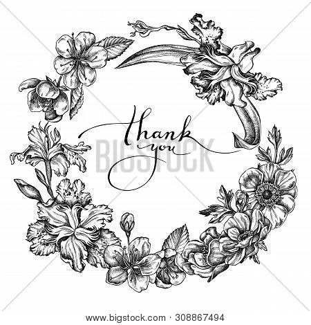 Floral Wreath Of Black And White Anemone, Iris Japonica, Sakura Stock Illustration
