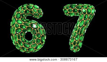 Number set 0, 1 made of 3d render diamond shards green color. Collection of number isolated on black