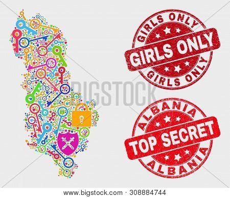 Security Albania Map And Seal Stamps. Red Round Top Secret And Girls Only Scratched Seal Stamps. Bri