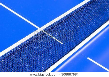 Blue Table Tennis Or Ping Pong. Close-up Ping-pong Net. Close Up Ping Pong Net And Line.