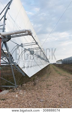 Logrosan, Extremadura, Spain - March 23, 2019: Detail Of The Concentrators And Solar Panels Of The S