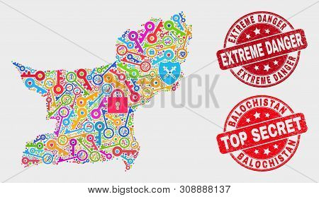 Safety Balochistan Province Map And Seal Stamps. Red Round Top Secret And Extreme Danger Scratched W