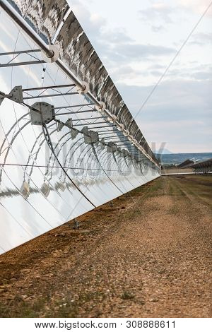 Logrosan, Extremadura, Spain - March 23, 2019: Detail Of The Concentrators And Solar Panels Of The S