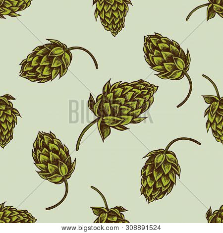 Seamless Pattern With Hand Drawn Colored Hop Stock Illustration