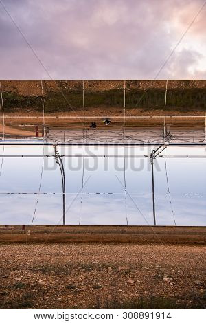 Logrosan, Extremadura, Spain - March 23, 2019: Detail Of The Concentrators And Solar Panels Of The S