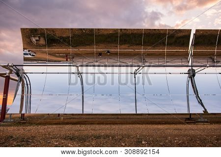 Logrosan, Extremadura, Spain - March 23, 2019: Detail Of The Concentrators And Solar Panels Of The S