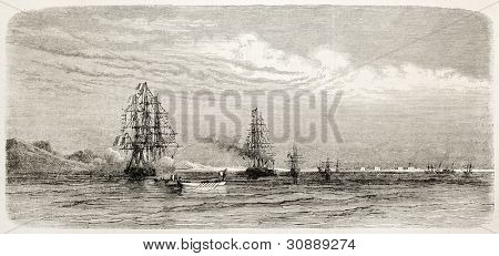 Napoleón Príncipe Imperial a bordo de Cambodge en Bahía de Suez. Creado por Blanchard, publicado en L'Illust