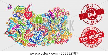 Security Ciudad Real Province Map And Watermarks. Red Round Top Secret And Dj Distress Watermarks. C