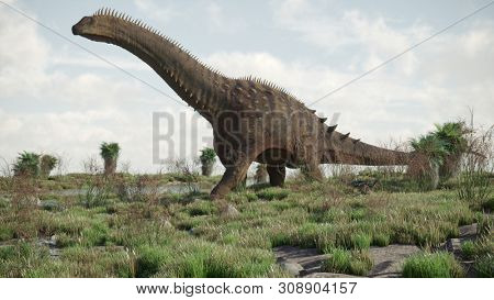 3d rendering of the walking giant alamosaurus dinosaur