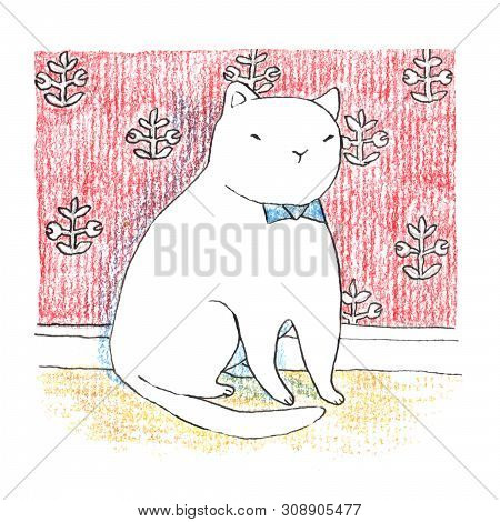 Fat Funny White Cat Sitting Near The Red Wall. Hand Drawn Illustration By Color Pencils And Ink.