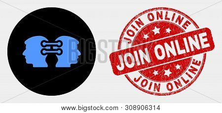 Rounded Head Links Integration Icon And Join Online Seal Stamp. Red Rounded Scratched Stamp With Joi