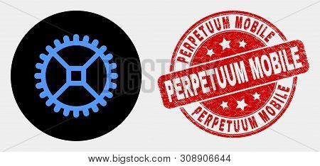 Rounded Clock Gear Icon And Perpetuum Mobile Seal Stamp. Red Rounded Distress Seal Stamp With Perpet