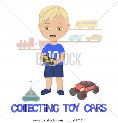 Illustration Of Little Boy Standing In Front Of Miniature Trains And Cars On Wall And Next To Toys O