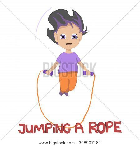Illustration Of Grinning Young Girl In Purple Shirt And Orange Pants Jumping A Rope Over White Backg