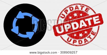 Rounded Circulation Arrows Icon And Update Seal Stamp. Red Rounded Scratched Seal With Update Captio