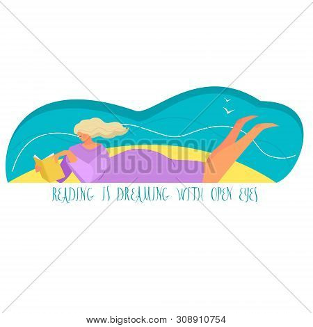 Vector Illustration Of A Girl Reading A Book On A Beach Trendy Style And Colors Reading Is Dreaming 