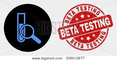 Rounded Explore Test-tube Icon And Beta Testing Seal Stamp. Red Rounded Scratched Seal Stamp With Be
