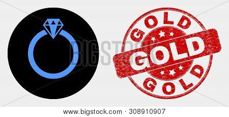 Rounded Jewelry Ring Pictogram And Gold Seal Stamp. Red Rounded Scratched Seal Stamp With Gold Text.