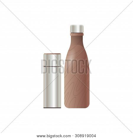 Stainless Water Bottle Closed Thermos Drink Containers Icon Flat White Background Vector Illustratio