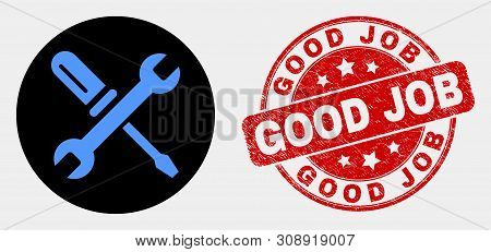 Rounded Repair Tools Pictogram And Good Job Seal Stamp. Red Rounded Distress Seal Stamp With Good Jo