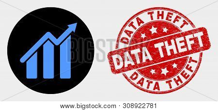 Rounded Trend Chart Icon And Data Theft Stamp. Red Rounded Distress Seal Stamp With Data Theft Capti