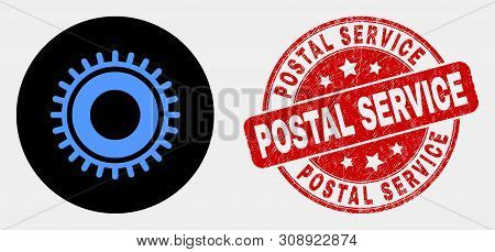 Rounded Gear Icon And Postal Service Seal. Red Rounded Textured Seal Stamp With Postal Service Capti