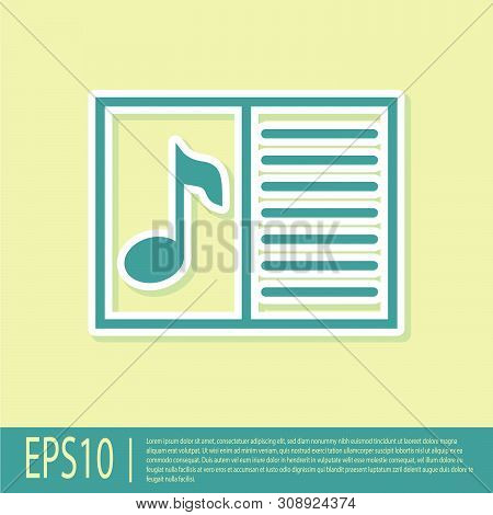 Green Music Book With Note Icon Isolated On Yellow Background. Music Sheet With Note Stave. Notebook