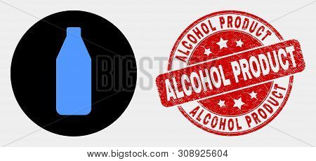 Rounded Beer Bottle Pictogram And Alcohol Product Stamp. Red Rounded Scratched Stamp With Alcohol Pr