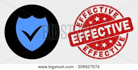 Rounded Valid Shield Icon And Effective Seal. Red Rounded Textured Seal Stamp With Effective Text. B