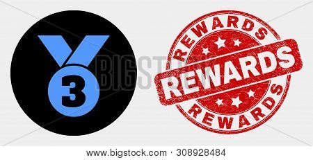 Rounded Third Medal Icon And Rewards Stamp. Red Rounded Textured Stamp With Rewards Caption. Blue Th