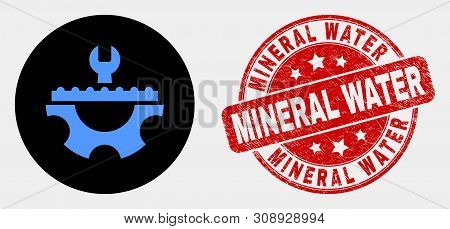 Rounded Plumbery Service Icon And Mineral Water Seal. Red Rounded Grunge Seal With Mineral Water Cap