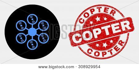 Rounded Hexacopter Icon And Copter Watermark. Red Rounded Distress Seal Stamp With Copter Caption. B