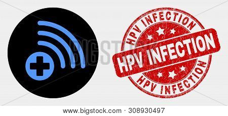 Rounded Medical Source Icon And Hpv Infection Watermark. Red Rounded Textured Stamp With Hpv Infecti
