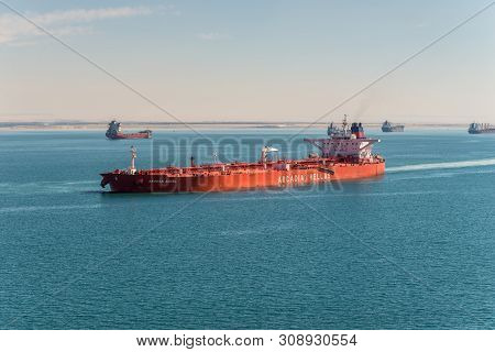 Suez, Egypt - November 5, 2017: Crude Oil Tanker Aegean Angel Vessel Passing The New Suez Canal (the