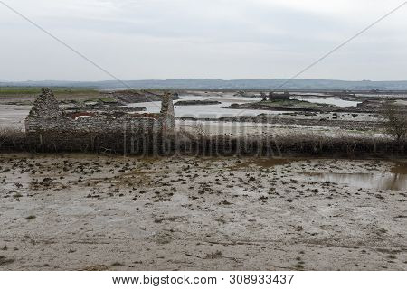 Low Tide At Flooded Horsey Island Grazing Marsh, Braunton Marsh, Devon, Uk 
Sea Defences Breached No