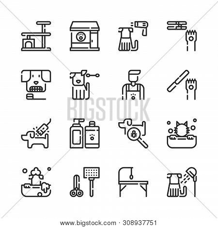 Pet Grooming Shop In Outline Icon Set.vector Illustration.